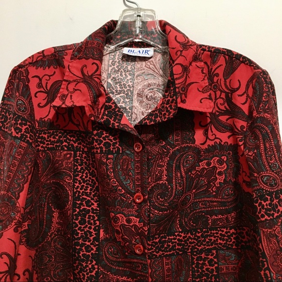 Blair Women’s Red Burgundy Paisley Long Sleeves Button Down Shirt - Picture 2 of 9